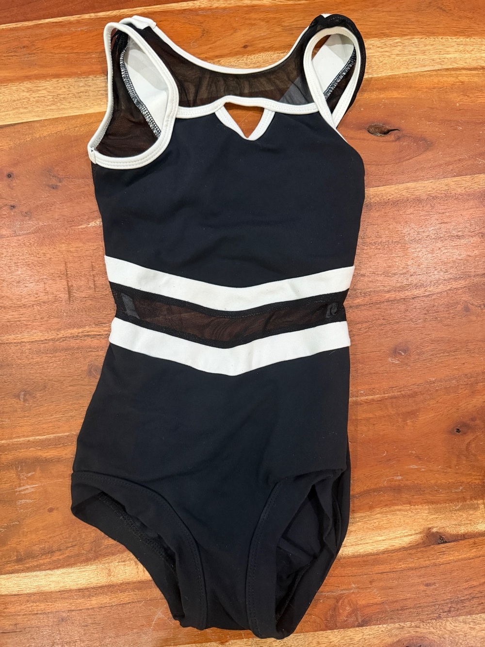 Girls Black and White Mesh Trim One-Piece Bodysuit youth large